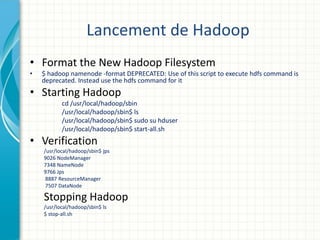 Lancement de Hadoop
• Format the New Hadoop Filesystem
• $ hadoop namenode -format DEPRECATED: Use of this script to execu...