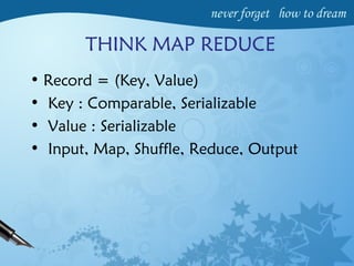 THINK MAP REDUCE
• Record = (Key, Value)
• Key : Comparable, Serializable
• Value : Serializable
• Input, Map, Shuffle, Reduce, Output
 