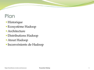 https://inesslimene.wixsite.com/moncours Écosystème Hadoop 2
 Historique
 Ecosystème Hadoop
 Architecture
 Distributio...