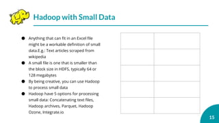 15
Hadoop with Small Data
● Anything that can fit in an Excel file
might be a workable definition of small
data.E.g.: Text articles scraped from
wikipedia
● A small file is one that is smaller than
the block size in HDFS, typically 64 or
128 megabytes
● By being creative, you can use Hadoop
to process small data
● Hadoop have 5 options for processing
small data: Concatenating text files,
Hadoop archives, Parquet, Hadoop
Ozone, Integrate.io
 