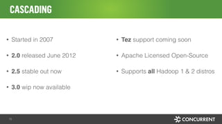 • Started in 2007
• 2.0 released June 2012
• 2.5 stable out now
• 3.0 wip now available
• Tez support coming soon
• Apache...