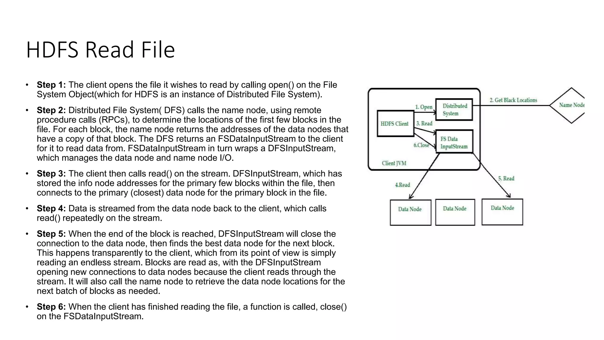 HDFS Read File
• Step 1: The client opens the file it wishes to read by calling open() on the File
System Object(which for HDFS is an instance of Distributed File System).
• Step 2: Distributed File System( DFS) calls the name node, using remote
procedure calls (RPCs), to determine the locations of the first few blocks in the
file. For each block, the name node returns the addresses of the data nodes that
have a copy of that block. The DFS returns an FSDataInputStream to the client
for it to read data from. FSDataInputStream in turn wraps a DFSInputStream,
which manages the data node and name node I/O.
• Step 3: The client then calls read() on the stream. DFSInputStream, which has
stored the info node addresses for the primary few blocks within the file, then
connects to the primary (closest) data node for the primary block in the file.
• Step 4: Data is streamed from the data node back to the client, which calls
read() repeatedly on the stream.
• Step 5: When the end of the block is reached, DFSInputStream will close the
connection to the data node, then finds the best data node for the next block.
This happens transparently to the client, which from its point of view is simply
reading an endless stream. Blocks are read as, with the DFSInputStream
opening new connections to data nodes because the client reads through the
stream. It will also call the name node to retrieve the data node locations for the
next batch of blocks as needed.
• Step 6: When the client has finished reading the file, a function is called, close()
on the FSDataInputStream.
 