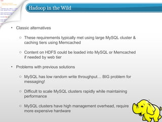 Hadoop in the Wild
• Classic alternatives
o These requirements typically met using large MySQL cluster &
caching tiers using Memcached
o Content on HDFS could be loaded into MySQL or Memcached
if needed by web tier
• Problems with previous solutions
o MySQL has low random write throughput… BIG problem for
messaging!
o Difficult to scale MySQL clusters rapidly while maintaining
performance
o MySQL clusters have high management overhead, require
more expensive hardware
 