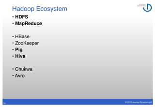 Hadoop Ecosystem
     • HDFS
     • MapReduce

     • HBase
     • ZooKeeper
     • Pig
     • Hive

     • Chukwa
     • ...