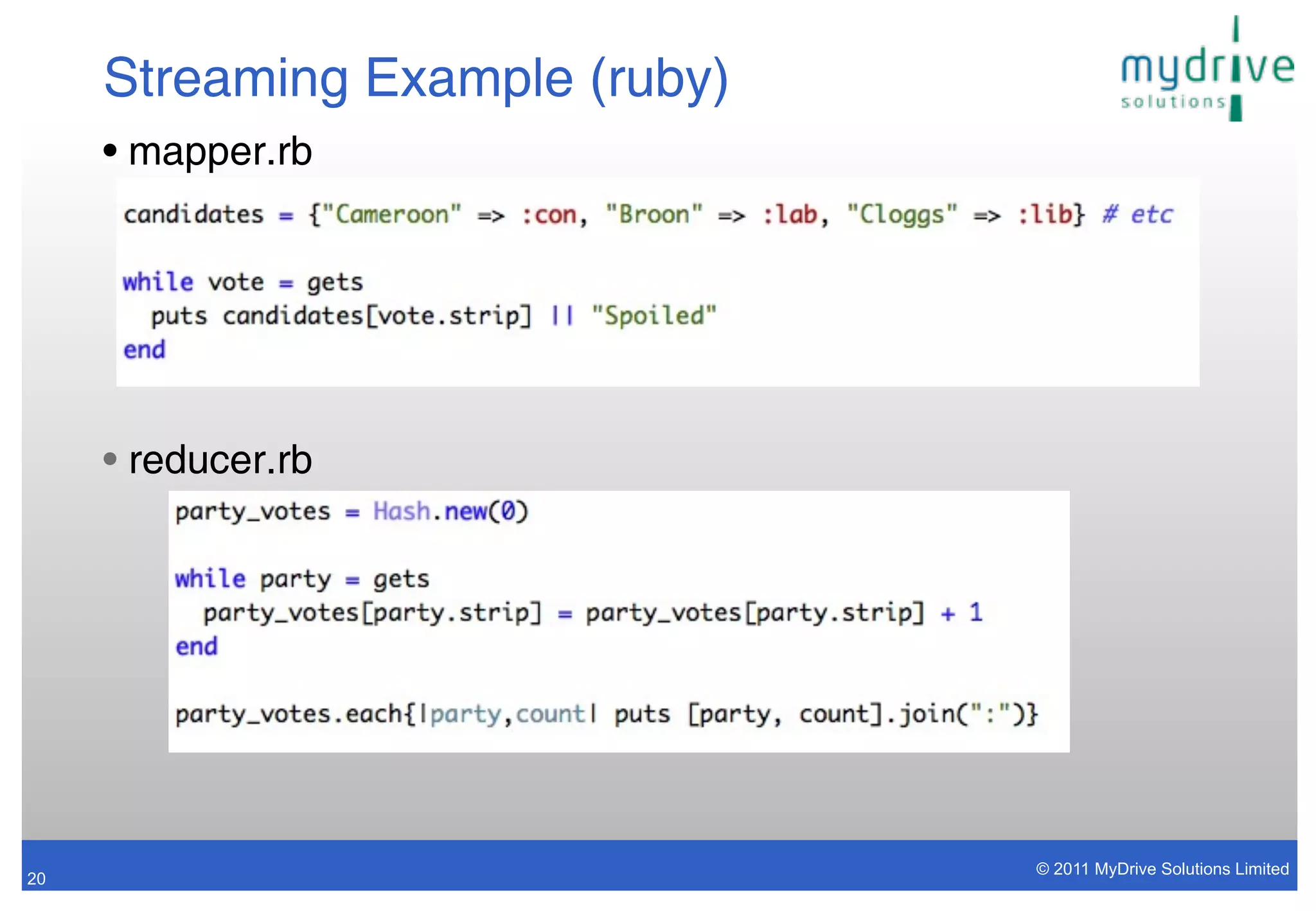 Streaming Example (ruby)
     • mapper.rb




     • reducer.rb




                                © 2011 MyDrive Solutions Limited
20
 