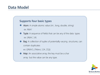 Data Model
Supports four basic types
Atom: A simple atomic value (int , long, double, string)
ex: ‘Abhi’
Tuple: A sequence of fields that can be any of the data types
ex: (‘Abhi’, 14)
Bag: A collection of tuples of potentially varying structures, can
contain duplicates
ex: {(‘Abhi’), (‘Manu’, (14, 21))}
Map: An associative array, the key must be a char
array but the value can be any type.

 