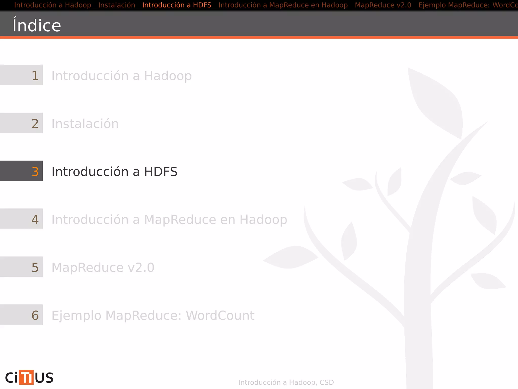 Introducción a Hadoop Instalación Introducción a HDFS MapReduce en Hadoop v1 MapReduce en YARN Ejemplo MapReduce: WordCount
Modelo Hadoop v2
HDFS
Almacenamiento distribuido
MapReduce
Procesamiento distribuidoHBase
Basededatos
no-relacional
Pig
Scripts
Hive
Query
Otrosproyectos
Oozie,HCatalog,Sqoop,
ZooKeeper,Mahout,...
YARN
Planiﬁcador y negociador de recursos
Otrosproyectos
YARN
Introducción a Hadoop, CSD 9/36
 
