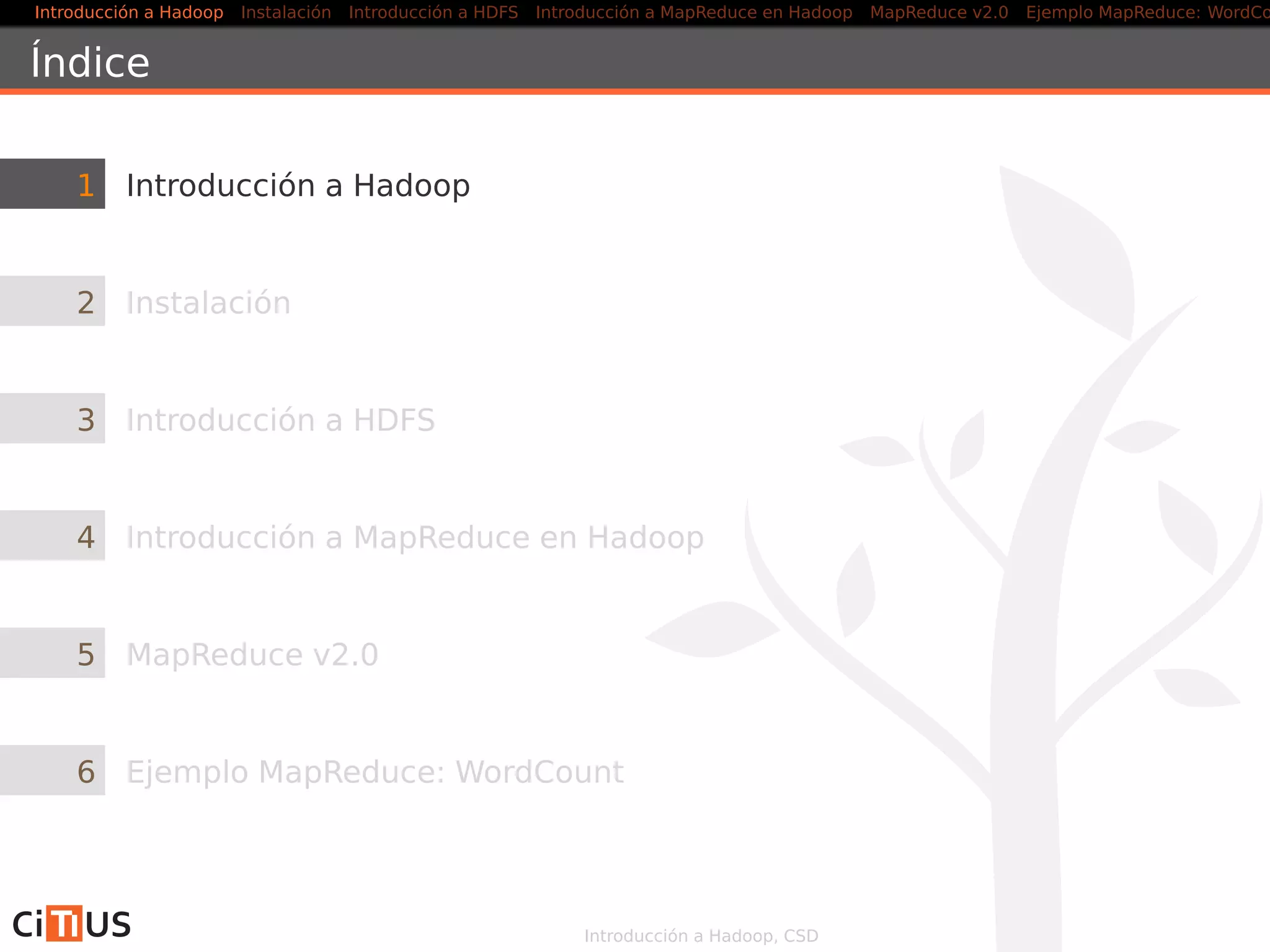 Introducción a Hadoop Instalación Introducción a HDFS MapReduce en Hadoop v1 MapReduce en YARN Ejemplo MapReduce: WordCount
Índice
1 Introducción a Hadoop
2 Instalación
3 Introducción a HDFS
4 MapReduce en Hadoop v1
5 MapReduce en YARN
6 Ejemplo MapReduce: WordCount
Introducción a Hadoop, CSD
 