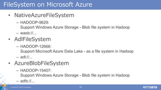 ? 2018 NTT DATA Corporation 16
FileSystem on Microsoft Azure
? NativeAzureFileSystem
C HADOOP-9629:
Support Windows Azure Storage - Blob file system in Hadoop
C wasb://...
? AdlFileSystem
C HADOOP-12666:
Support Microsoft Azure Data Lake - as a file system in Hadoop
C adl://...
? AzureBlobFileSystem
C HADOOP-15407:
Support Windows Azure Storage - Blob file system in Hadoop
C adfs://...
 