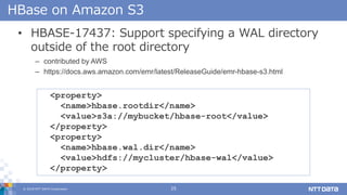 ? 2018 NTT DATA Corporation 25
HBase on Amazon S3
? HBASE-17437: Support specifying a WAL directory
outside of the root directory
C contributed by AWS
C https://docs.aws.amazon.com/emr/latest/ReleaseGuide/emr-hbase-s3.html
<property>
<name>hbase.rootdir</name>
<value>s3a://mybucket/hbase-root</value>
</property>
<property>
<name>hbase.wal.dir</name>
<value>hdfs://mycluster/hbase-wal</value>
</property>
 