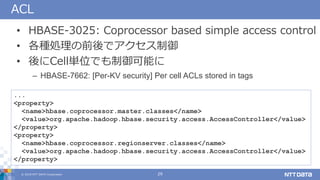 ? 2018 NTT DATA Corporation 29
ACL
? HBASE-3025: Coprocessor based simple access control
? NIǰǥ
? CellgλǤܤ
C HBASE-7662: [Per-KV security] Per cell ACLs stored in tags
...
<property>
<name>hbase.coprocessor.master.classes</name>
<value>org.apache.hadoop.hbase.security.access.AccessController</value>
</property>
<property>
<name>hbase.coprocessor.regionserver.classes</name>
<value>org.apache.hadoop.hbase.security.access.AccessController</value>
</property>
 