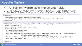 ? 2018 NTT DATA Corporation 31
Apache Tephra
? TransactionAwareHTable implements Table
? cellΥॹפ˥ȥ󥶥IDz
public RegionScanner preScannerOpen(ObserverContext<RegionCoprocessorEnvironment> e, Scan
throws IOException {
Transaction tx = getFromOperation(scan);
if (tx != null) {
projectFamilyDeletes(scan);
scan.setMaxVersions();
scan.setTimeRange(TxUtils.getOldestVisibleTimestamp(ttlByFamily, tx, readNonTxnData),
TxUtils.getMaxVisibleTimestamp(tx));
Filter newFilter = getTransactionFilter(tx, ScanType.USER_SCAN, scan.getFilter());
scan.setFilter(newFilter);
}
return s;
<property>
<name>hbase.coprocessor.region.classes</name>
<value>org.apache.tephra.hbase.coprocessor.TransactionProcessor</value>
</property>
 