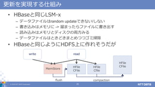 ? 2018 NTT DATA Corporation 35
¤gF˽M
? HBaseͬLSM-x
C ǩ`եrandom updateǤʤ/ʤ
C zߤϥ -> ޤäե˕
C izߤϥȥǥ΁Iߤ
C ǩ`եϤȤɤޤȤĤĥߒ߳
? HBaseͬ褦HDFSϤ줽
HFile
CFile
HFile
Cfile
MemStore
HFile
CFile
readwrite
flush compaction
 