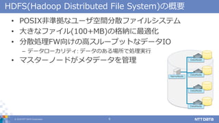 ? 2018 NTT DATA Corporation 6
HDFS(Hadoop Distributed File System)θҪ
? POSIXǜʒʥ`gɢե륷ƥ
? 󤭤ʥե(100+MB)θ{m
? ɢIFW򤱤θߥ`ץåȤʥǩ`IO
C ǩ``ƥ: ǩ`ΤǄIg
? ޥ`Ω`ɤ᥿ǩ`
NameNode
DataNode
DataNode
DataNode
DataNode
 