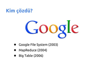 Kim çözdü?




  ● Google File System (2003)
  ● MapReduce (2004)
  ● Big Table (2006)
 