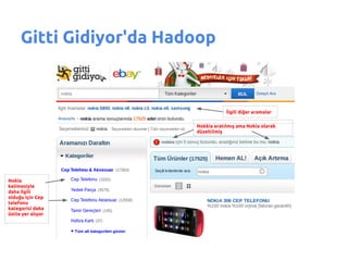 Gitti Gidiyor'da Hadoop



                                     İlgili diğer aramalar

                         Nokkia aratılmış ama Nokia olarak
                         düzeltilmiş




Nokia
kelimesiyle
daha ilgili
olduğu için Cep
telefonu
kategorisi daha
üstte yer alıyor
 