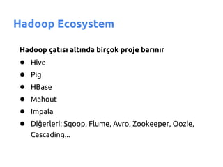 Hadoop Ecosystem

Hadoop çatısı altında birçok proje barınır
●   Hive
●   Pig
●   HBase
●   Mahout
●   Impala
●   Diğerleri: Sqoop, Flume, Avro, Zookeeper, Oozie,
    Cascading...
 