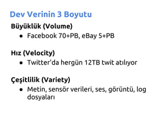 Dev Verinin 3 Boyutu
Büyüklük (Volume)
  ● Facebook 70+PB, eBay 5+PB

Hız (Velocity)
  ● Twitter'da hergün 12TB twit atılıyor

Çeşitlilik (Variety)
  ● Metin, sensör verileri, ses, görüntü, log
     dosyaları
 