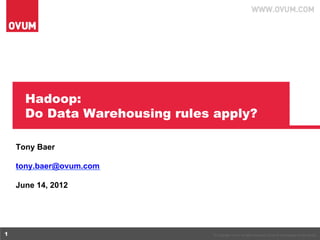 Hadoop:
      Do Data Warehousing rules apply?

    Tony Baer

    tony.baer@ovum.com

    June 14, 2012




1                              © Copyright Ovum. All rights reserved. Ovum is a subsidiary of Informa plc.
 