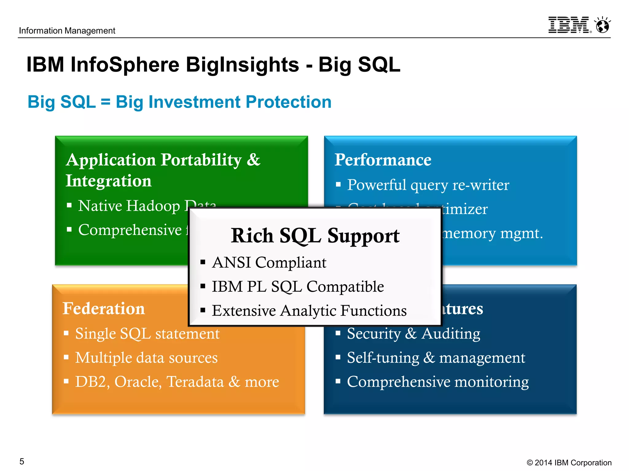 © 2014 IBM Corporation5
Information Management
IBM InfoSphere BigInsights - Big SQL
Application Portability &
Integration
 Native Hadoop Data
 Comprehensive file formats
Performance
 Powerful query re-writer
 Cost-based optimizer
 Sophisticated memory mgmt.
Federation
 Single SQL statement
 Multiple data sources
 DB2, Oracle, Teradata & more
Enterprise Features
 Security & Auditing
 Self-tuning & management
 Comprehensive monitoring
Rich SQL Support
 ANSI Compliant
 IBM PL SQL Compatible
 Extensive Analytic Functions
Big SQL = Big Investment Protection
 