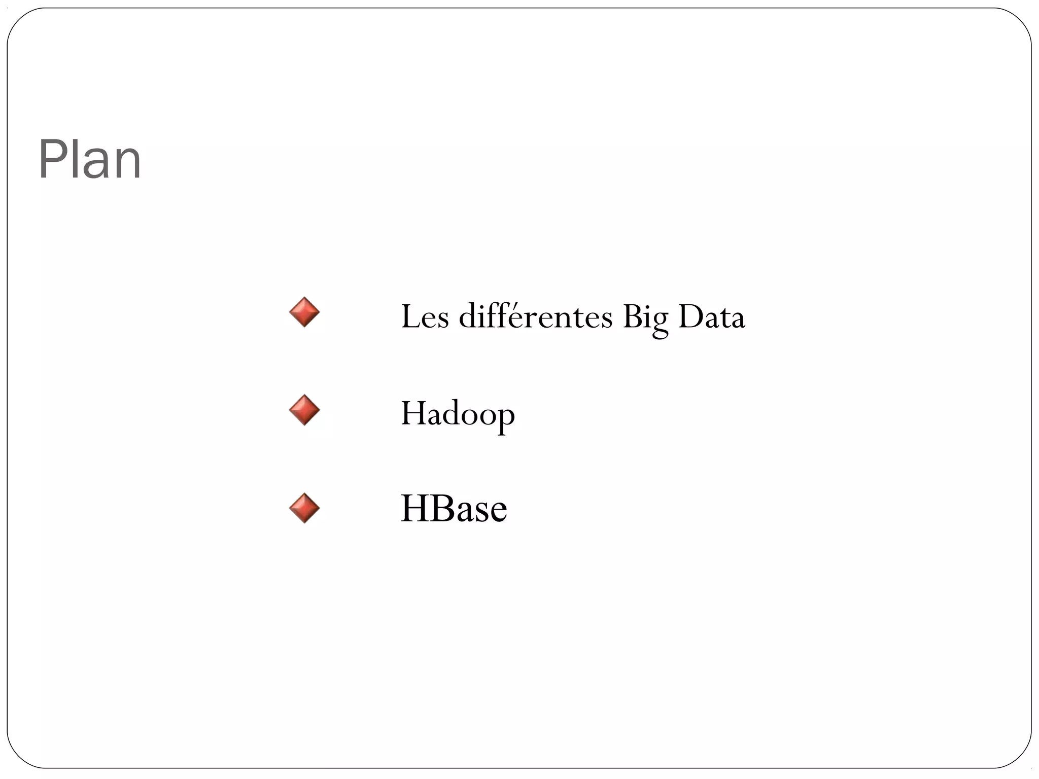 Plan
Les différentes Big Data
Hadoop
HBase
 