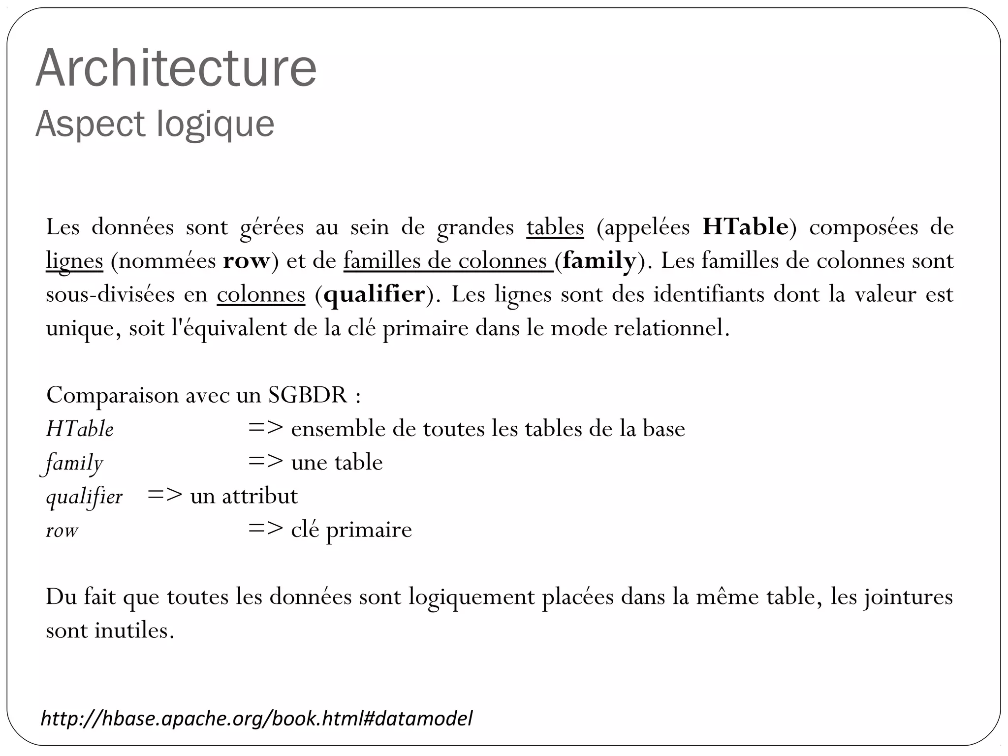 Architecture
Aspect logique
Les données sont gérées au sein de grandes tables (appelées HTable)
composées de lignes (nommées row) et de familles de colonnes
(family). Les familles de colonnes sont sous-divisées en colonnes
(qualifier). Les lignes sont des identifiants dont la valeur est unique, soit
l'équivalent de la clé primaire dans le mode relationnel.
Comparaison avec un SGBDR :
HTable => ensemble de toutes les tables de la base
family => une table
qualifier => un attribut
row => clé primaire
Du fait que toutes les données sont logiquement placées dans la même
table, les jointures sont inutiles.
http://hbase.apache.org/book.html#datamodel
 
