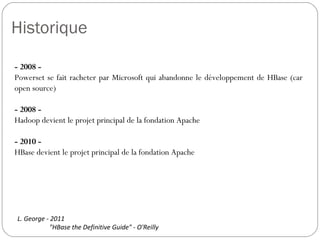 Historique
- 2008 -
Powerset se fait racheter par Microsoft qui abandonne le développement
de HBase (car open source)
- 2008 -
Hadoop devient le projet principal de la fondation Apache
- 2010 -
HBase devient le projet principal de la fondation Apache
L. George - 2011
"HBase the Definitive Guide" - O'Reilly
 