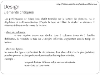Design
Eléments critiques
Les performances de HBase sont plutôt tournées sur la lecture des
données, via le MapReduce et la dénormalisation. D'après la façon de
HBase de stocker les données, 2 éléments influent sur la vitesse de
lecture :
- choix des colonnes :
si une requête trouve son résultat dans 2 colonnes issues de 2
familles différentes, la recherche se fera sur 2 storefiles
différents, augmentant ainsi le temps de lecture.
- choix des lignes :
les noms des lignes représentant la clé primaire, leur choix doit
être le plus judicieux possible pour un accès rapide aux données
selon les requêtes estimées.
exemple :
temps de lecture différent selon une row structurée
nom+date ou date+nom
http://hbase.apache.org/book.html#schema
 