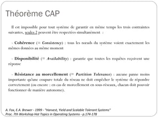 Théorème CAP
Il est impossible pour tout système de garantir en même temps les
trois contraintes suivantes, seules 2 peuve...