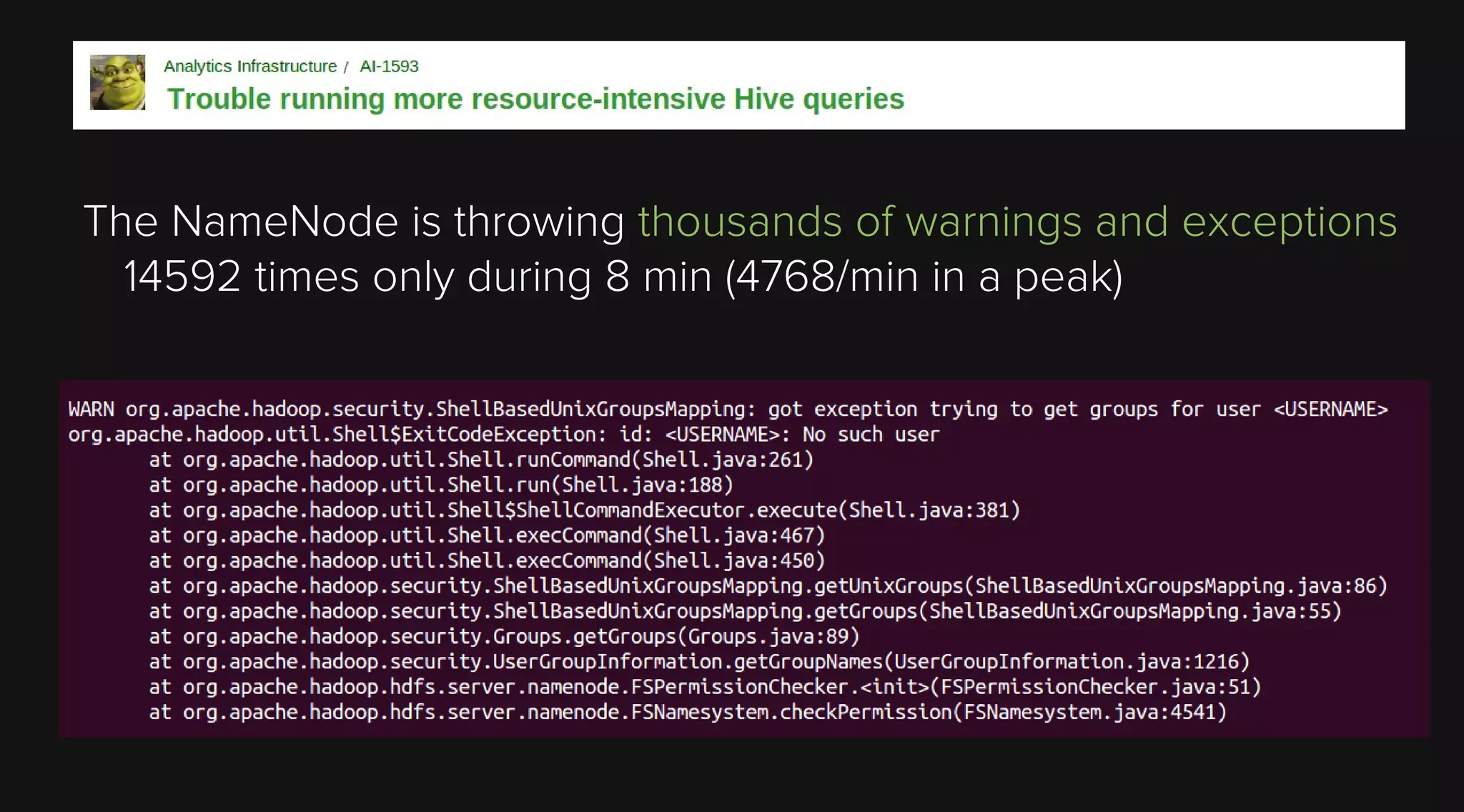 The NameNode is throwing thousands of warnings and exceptions
14592 times only during 8 min (4768/min in a peak)

 