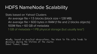 HDFS NameNode Scalability
Stats based on Yahoo! Clusters
An average file ≈ 1.5 blocks (block size = 128 MB)
An average file ≈ 600 bytes in RAM (1 file and 2 blocks objects)
100M files ≈ 60 GB of metadata
1 GB of metadata ≈ 1 PB physical storage (but usually less*)
*Sadly, based on practical observations, the block to file ratio tends to
decrease during the lifetime of the cluster
Dekel Tankel, Yahoo!

 
