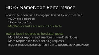 HDFS NameNode Performance
Read/write operations throughput limited by one machine
~120K read ops/sec
~6K write ops/sec
MapReduce tasks are also HDFS clients
Internal load increases as the cluster grows
More block reports and heartbeats from DataNodes
More MapReduce tasks sending requests
Bigger snapshots transferred from/to Secondary NameNode

 