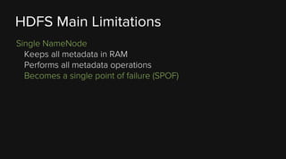 HDFS Main Limitations
Single NameNode
Keeps all metadata in RAM
Performs all metadata operations
Becomes a single point of failure (SPOF)

 