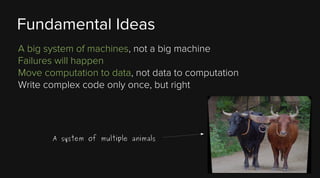 Fundamental Ideas
A big system of machines, not a big machine
Failures will happen
Move computation to data, not data to computation
Write complex code only once, but right

A system of multiple animals

 