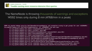 The NameNode is throwing thousands of warnings and exceptions
14592 times only during 8 min (4768/min in a peak)

 