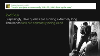 Problem
Surprisingly, Hive queries are running extremely long
Thousands task are constantly being killed

 