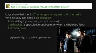 Logs show that the JobTracker gets a request to kill the tasks
Who actually can send a kill request?
User (using e.g. mapred job -kill-task)
JobTracker (a speculative duplicate, or when a whole job fails)
Fair Scheduler
Diplomatically, it's called “preemption”

 