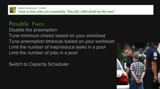 Possible Fixes
Disable the preemption
Tune minimum shares based on your workload
Tune preemption timeouts based on your workload
Limit the number of map/reduce tasks in a pool
Limit the number of jobs in a pool
Switch to Capacity Scheduler

 