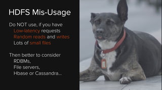 HDFS Mis-Usage
Do NOT use, if you have
Low-latency requests
Random reads and writes
Lots of small files
Then better to consider
RDBMs,
File servers,
Hbase or Cassandra...

 