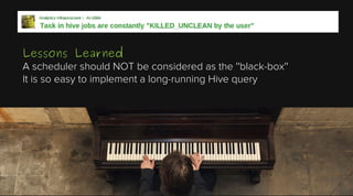 Lessons Learned

A scheduler should NOT be considered as the ''black-box''
It is so easy to implement a long-running Hive query

 