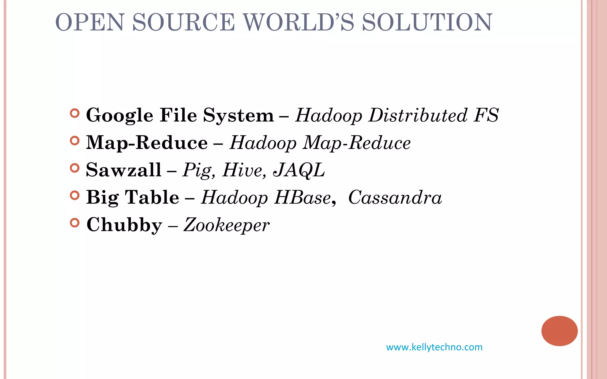 OPEN SOURCE WORLD’S SOLUTION
 Google File System – Hadoop Distributed FS
 Map-Reduce – Hadoop Map-Reduce
 Sawzall – Pig, Hive, JAQL
 Big Table – Hadoop HBase, Cassandra
 Chubby – Zookeeper
www.kellytechno.com
 