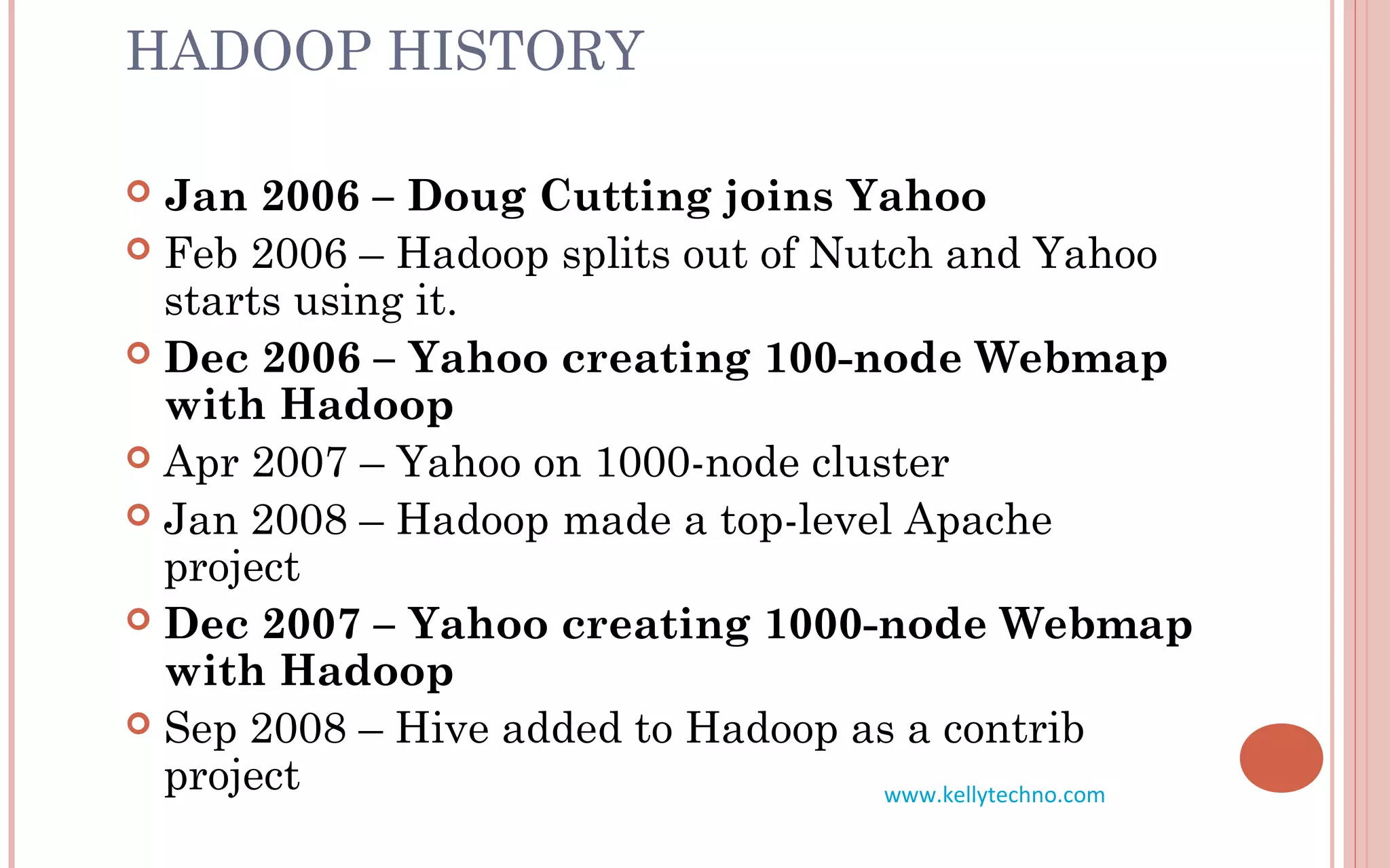 HADOOP HISTORY
 Jan 2006 – Doug Cutting joins Yahoo
 Feb 2006 – Hadoop splits out of Nutch and Yahoo
starts using it.
 Dec 2006 – Yahoo creating 100-node Webmap
with Hadoop
 Apr 2007 – Yahoo on 1000-node cluster
 Jan 2008 – Hadoop made a top-level Apache
project
 Dec 2007 – Yahoo creating 1000-node Webmap
with Hadoop
 Sep 2008 – Hive added to Hadoop as a contrib
project www.kellytechno.com
 