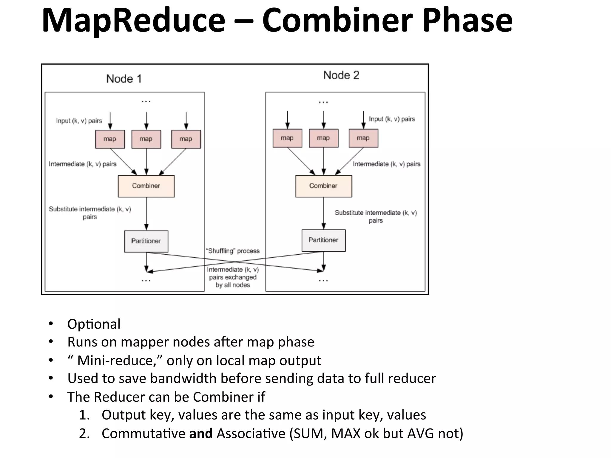 MapReduce	
  –	
  Combiner	
  Phase	
  




•    OpEonal	
  
•    Runs	
  on	
  mapper	
  nodes	
  aSer	
  map	
  phase	
  	
  
•    “	
  Mini-­‐reduce,”	
  only	
  on	
  local	
  map	
  output	
  	
  
•    Used	
  to	
  save	
  bandwidth	
  before	
  sending	
  data	
  to	
  full	
  reducer	
  	
  
•    The	
  Reducer	
  can	
  be	
  Combiner	
  if	
  	
  
          1.  Output	
  key,	
  values	
  are	
  the	
  same	
  as	
  input	
  key,	
  values	
  
          2.  CommutaEve	
  and	
  AssociaEve	
  (SUM,	
  MAX	
  ok	
  but	
  AVG	
  not)	
  
Diagram:	
  hkp://developer.yahoo.com/hadoop/tutorial/module4.html	
  
 