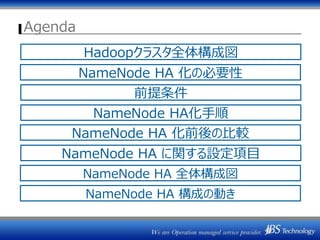 Agenda
NameNode HA 化の必要性
NameNode HA 化前後の比較
NameNode HA 全体構成図
NameNode HA 構成の動き
Hadoopクラスタ全体構成図
NameNode HA に関する設定項目
前提条件
NameNode HA化手順
 