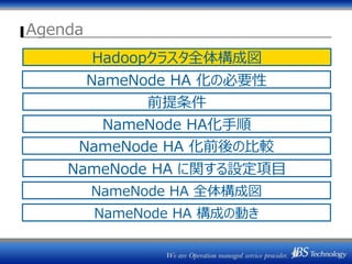 Agenda
NameNode HA 化の必要性
NameNode HA 化前後の比較
NameNode HA 全体構成図
NameNode HA 構成の動き
Hadoopクラスタ全体構成図
NameNode HA に関する設定項目
前提条件
NameNode HA化手順
 