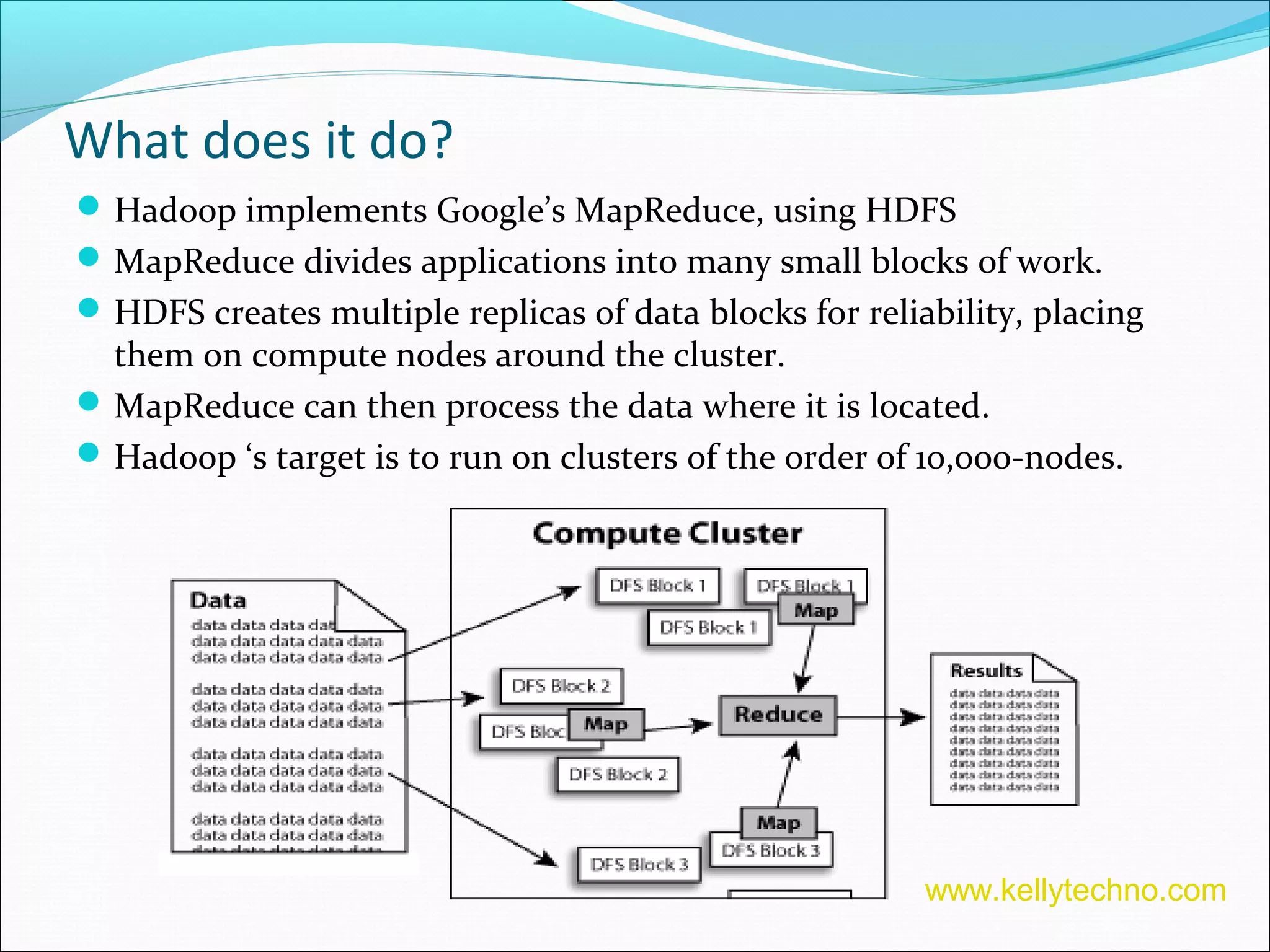 What does it do?
Hadoop implements Google’s MapReduce, using HDFS
MapReduce divides applications into many small blocks of work.
HDFS creates multiple replicas of data blocks for reliability, placing
them on compute nodes around the cluster.
MapReduce can then process the data where it is located.
Hadoop ‘s target is to run on clusters of the order of 10,000-nodes.
www.kellytechno.com
 