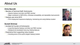About Us 
Chris Nauroth 
• Member of Technical Staff, Hortonworks 
– Apache Hadoop committer and PMC member 
– Major contributor to HDFS ACLs, Windows compatibility, and operability improvements 
• Hadoop user since 2010 
– Prior employment experience deploying, maintaining and using Hadoop clusters 
Suresh Srinivas 
• Architect & Founder at Hortonworks 
– Long time Apache Hadoop committer and PMC member 
– Designed and developed many key Hadoop features 
• Experience from supporting many clusters 
– Including some of the world’s largest Hadoop clusters 
© Hortonworks Inc. 2011 
Page 2 
Architecting the Future of Big Data 
 