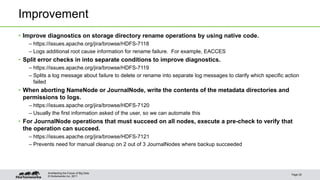 Improvement 
• Improve diagnostics on storage directory rename operations by using native code. 
– https://issues.apache.org/jira/browse/HDFS-7118 
– Logs additional root cause information for rename failure. For example, EACCES 
• Split error checks in into separate conditions to improve diagnostics. 
– https://issues.apache.org/jira/browse/HDFS-7119 
– Splits a log message about failure to delete or rename into separate log messages to clarify which specific action 
failed 
• When aborting NameNode or JournalNode, write the contents of the metadata directories and 
permissions to logs. 
– https://issues.apache.org/jira/browse/HDFS-7120 
– Usually the first information asked of the user, so we can automate this 
• For JournalNode operations that must succeed on all nodes, execute a pre-check to verify that 
the operation can succeed. 
– https://issues.apache.org/jira/browse/HDFS-7121 
– Prevents need for manual cleanup on 2 out of 3 JournalNodes where backup succeeded 
© Hortonworks Inc. 2011 
Page 25 
Architecting the Future of Big Data 
 