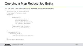 Querying a Map Reduce Job Entity 
curl http://127.0.0.1:8188/ws/v1/timeline/MAPREDUCE_JOB/job_1413405332088_0001 
{ 
"entity": "job_1413405332088_0001", 
"entitytype": "MAPREDUCE_JOB", 
"events": [ 
© Hortonworks Inc. 2011 
{ 
"eventinfo": { 
"FINISHED_MAPS": 2, 
"FINISHED_REDUCES": 1, 
"FINISH_TIME": 1413405349192, 
"JOB_STATUS": "SUCCEEDED" 
}, 
"eventtype": "JOB_FINISHED", 
"timestamp": 1413405349194 
} 
], 
"relatedentities": { 
"MAPREDUCE_TASK": [ 
"task_1413405332088_0001_m_000000" 
] 
}, 
"starttime": 1413405339442 
} 
Page 38 
Architecting the Future of Big Data 
 