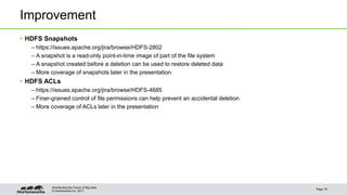 © Hortonworks Inc. 2011
Improvement
• HDFS Snapshots
– https://issues.apache.org/jira/browse/HDFS-2802
– A snapshot is a read-only point-in-time image of part of the file system
– A snapshot created before a deletion can be used to restore deleted data
– More coverage of snapshots later in the presentation
• HDFS ACLs
– https://issues.apache.org/jira/browse/HDFS-4685
– Finer-grained control of file permissions can help prevent an accidental deletion
– More coverage of ACLs later in the presentation
Page 19
Architecting the Future of Big Data
 